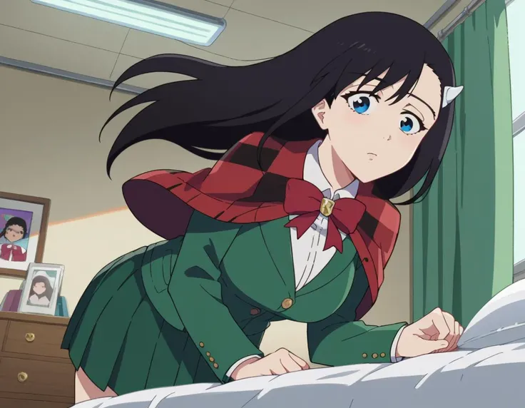 score_9, score_8_up, score_7_up, source_anime,
noelniihashi, <lora:noel-niihashi-ponyxl-lora-nochekaiser:1>,
noel niihashi long hair, blue eyes, black hair, hair ornament, hairclip,
skirt, shirt, long sleeves, bow, school uniform, jacket, white shirt, pleated skirt, collared shirt, bowtie, red bow, plaid, capelet, blazer, green skirt, green jacket,
indoors, bed, bed room, on side,
looking at viewer, cowboy shot, dutch angle,