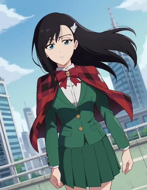 score_9, score_8_up, score_7_up, source_anime,
noelniihashi, <lora:noel-niihashi-ponyxl-lora-nochekaiser:1>,
noel niihashi long hair, blue eyes, black hair, hair ornament, hairclip,
skirt, shirt, long sleeves, bow, school uniform, jacket, white shirt, pleated skirt, collared shirt, bowtie, red bow, plaid, capelet, blazer, green skirt, green jacket,
outdoors, cityscape,
looking at viewer, cowboy shot, dutch angle,