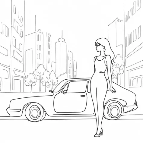 simplex simple girl and car in city one line <lora:simplex:0.9>