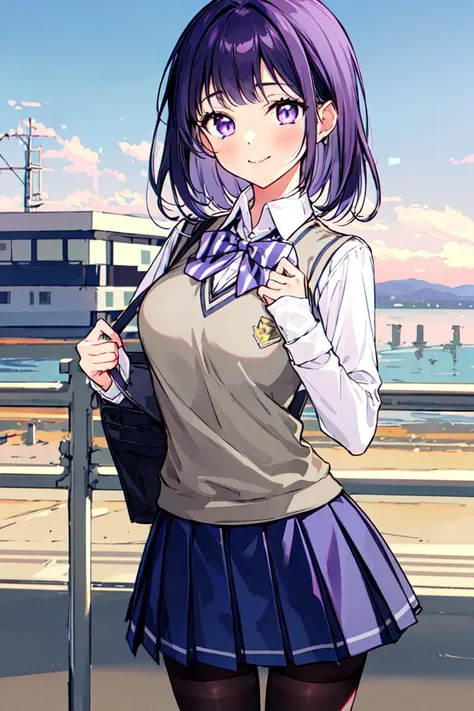 <lora:Gomzi:0.8>1girl, solo, skirt, pantyhose, shirt, thighband pantyhose, long sleeves, pleated skirt, looking at viewer, white shirt, black pantyhose, purple eyes, bangs, ball, blush, closed mouth, collared shirt, breasts, holding, sweater vest, school uniform, bow, smile, bowtie, grey skirt, medium breasts, striped, outdoors, medium hair, miniskirt, black hair, purple hair, vest