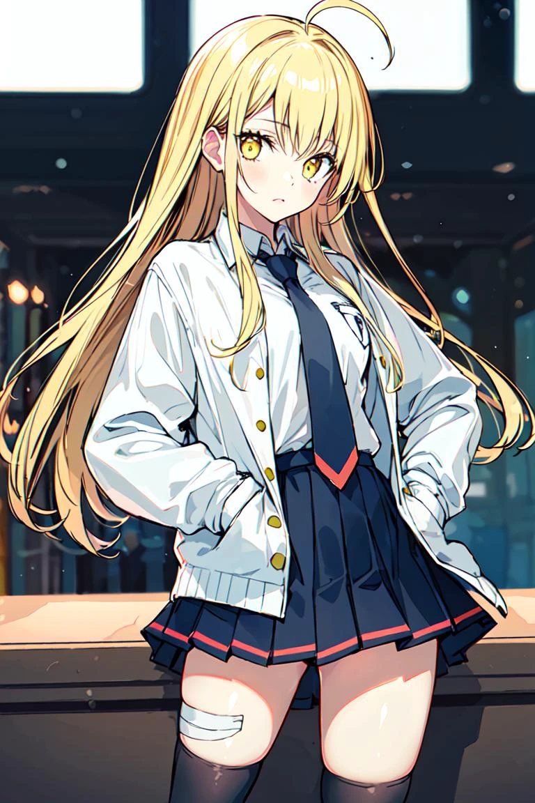 <lora:Gomzi:0.8>1girl, solo, bandages, long hair, necktie, yellow eyes, skirt, thighhighs, blonde hair, hand in pocket, looking at viewer