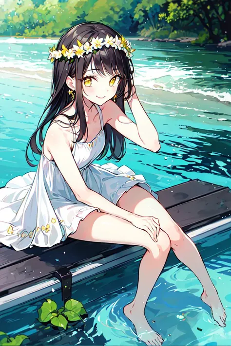 <lora:Gomzi:0.8>,1girl, solo, dress, long hair, barefoot, black hair, smile, white dress, sitting, looking at viewer, water, jewelry, head wreath, bare shoulders, sleeveless dress, sleeveless, outdoors, earrings, yellow eyes, bangs