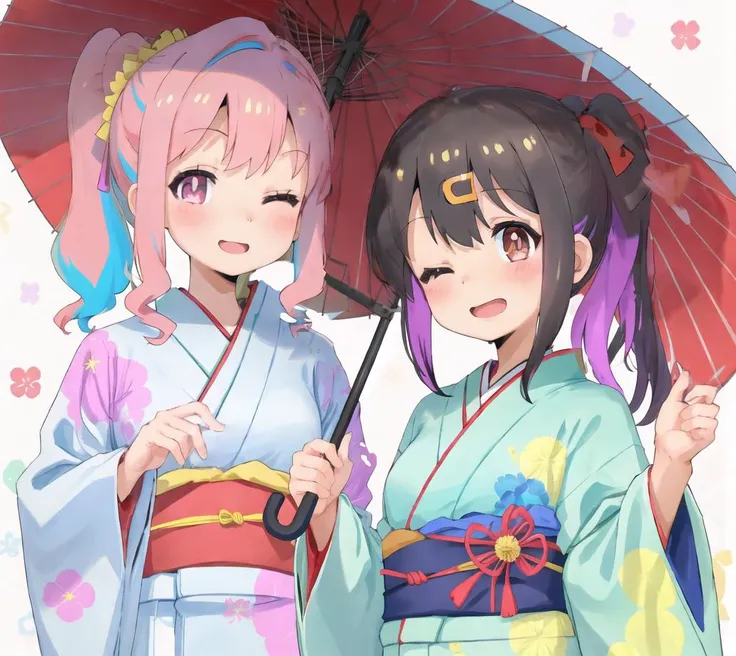 upper body, simple background, multicolored hair, black hair, smile, sash, looking at viewer, hair ribbon, obi, wide sleeves, bangs, kimono, scrunchie, hair ornament, flower, closed mouth, umbrella, pink hair, hand up, one eye closed, sidelocks, oil-paper umbrella, holding umbrella, ponytail, haori, blue kimono, floral print, open mouth, red ribbon, ribbon, hairclip, brown eyes, pink eyes, looking at another
 <lyco:onimai-cs2-dim8-4-loha-step-30000:1>