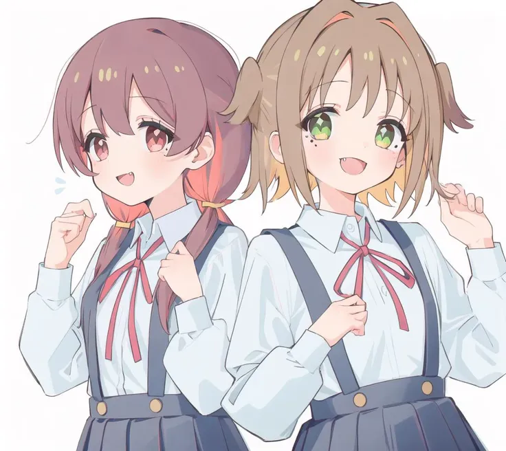 OkaAsahi; (MurosakiMiyo);  multiple girls, 2girls, yellow ribbon, mole under eye, red hair, shirt, open mouth, low twintails, collared shirt, smile, bangs, fang, twintails, suspenders, skirt, ribbon, white background, mole, brown hair, closed mouth, facing viewer, school uniform, hands up, long sleeves, red ribbon, two side up, hair intakes, suspender skirt, :d, white shirt, upper body, neck ribbon, blush, pink eyes, green eyes
 <lyco:onimai-cs2-dim8-4-loha-step-30000:1>