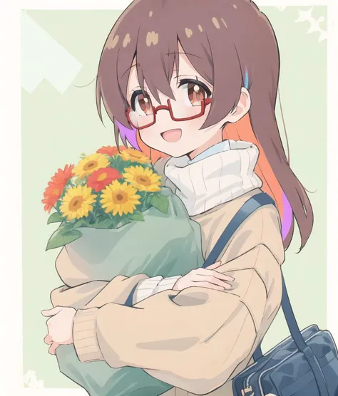 MurosakiMiyo; fanart; 1girl, solo, flowers, under-rim eyewear, hair over shoulder, brown hair, smile, semi-rimless eyewear, hair between eyes, bag, long sleeves, sweater, two-tone hair, white sweater, red hair, open mouth, coat, multicolored hair, brown-framed eyewear, brown coat, looking at viewer, object hug, long hair, simple background
<lyco:onimai-cs2-dim8-4-loha-step-30000:1>