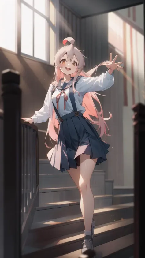 (masterpiece, best quality, ultra detailed, 8k wallpaper, UHD, HDR), 1girl, OyamaMahiro, reaching_towards_viewer, outstretched_hand, sitting_on_stairs, ahoge, sarafuku, suspender_skirt,  white_shirt, red_ribbon, bare_legs, medium_height, smile, :d, multicolored_background, depth of field, window, sun shafts, light_particles, <lora:add_detail:0.3>, <lyco:onimai-cs1-dim8-4-loha-step-30000:0.9>