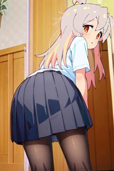 (masterpiece:1.2),(best quality:1.2),official art, oyamamahiro, pleated skirt, pantyhose, looking_at_viewer, bent over <lyco:onimai-cs2-dim8-4-loha-step-30000:1.0>