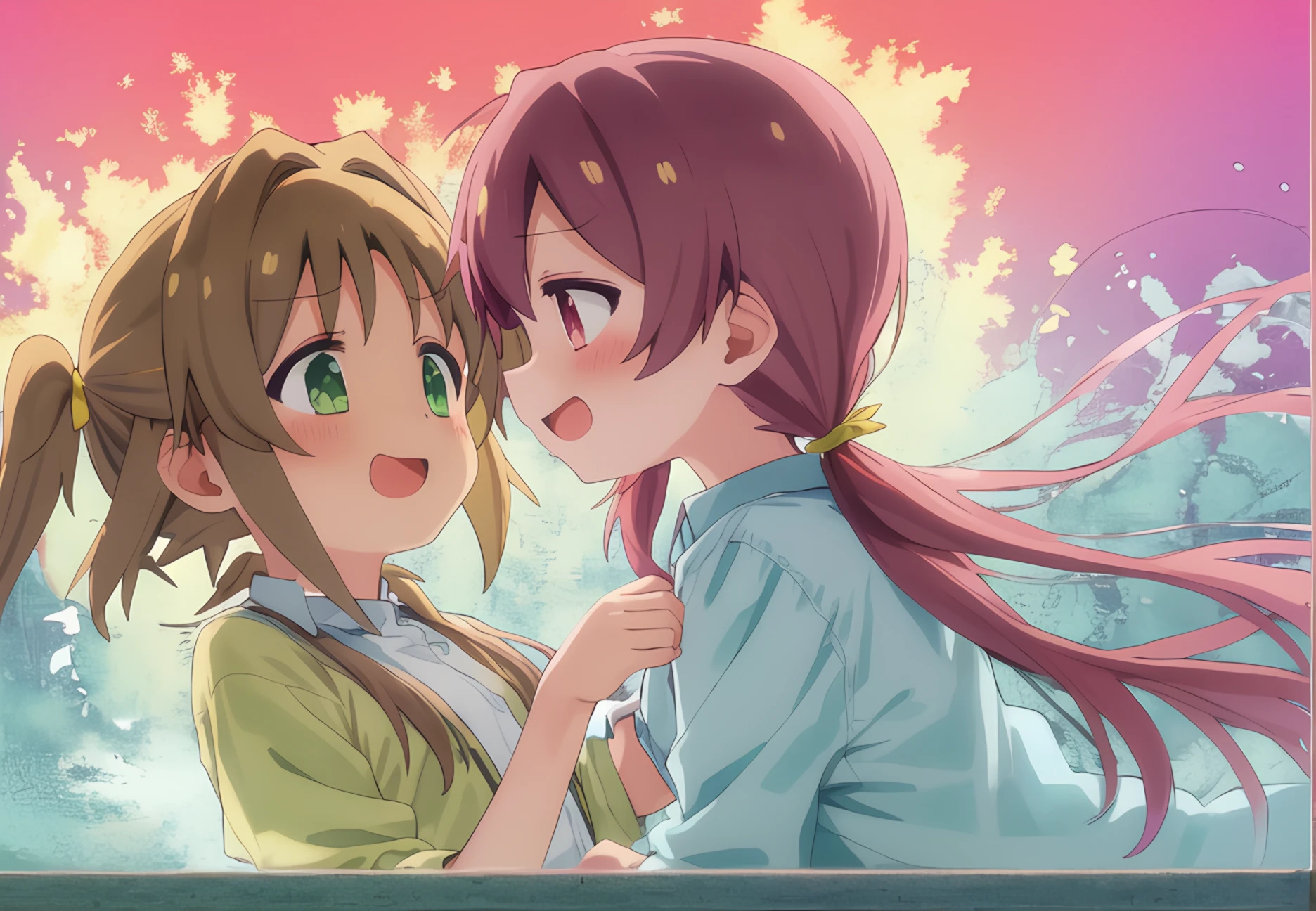 MurosakiMiyo; OkaAsahi; beautiful eyes, 2girls, yuri, green eyes yellow hair short hair, pink eyes pink hair low twintails, fantasy background, sky with white clouds, water color, intricate details, flat chest, splashing, steam, light
<lora:epoch-000001:0.85>
