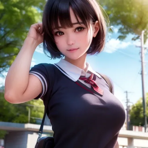 (Realistic、Like a photograph、Live Action、8k, Realistic, RAW Photos, Best image quality: 1.4), Single-lens reflex camera、RAW Photos, Highest quality, Realistic, Very detailedな CG Unity 8k 壁紙, Written boundary depth, Cinematic Light, Lens flare, Ray Tracing, Realistic background、Many people々々々:1.4、((high school girl:1.4、Polo shirt:1.3、Uniform skirt:1.3)、Big Breasts、shoulder sports bag、The straps of the bag pass between the chest、Paisura:1.2)、((ultra high density skin))、 1 female,かわいいhigh school girl、((Girls cheering in the schoolyard、support、(whole body:1.5)、Smiling at school))、Pink inner color hair、short hair:1.2、tie your hair with a hair clip、I like that style、stylish、Very detailed、Pay attention to the details、Perfect outfit、(Sunburned skin)、Beautiful feet:1.1,front