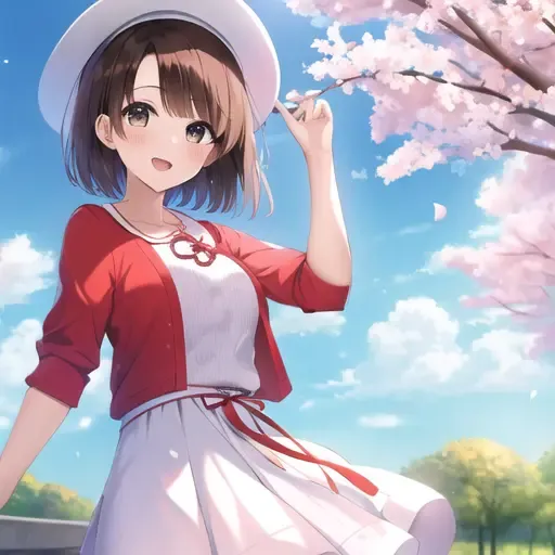 masterpiece, best quality, 1girl, short hair, brown hair, red jacker, dress, white hat, katou megumi, sakura blossom, blue sky, <lora:qqq-katou_megumi-v1:0.8>