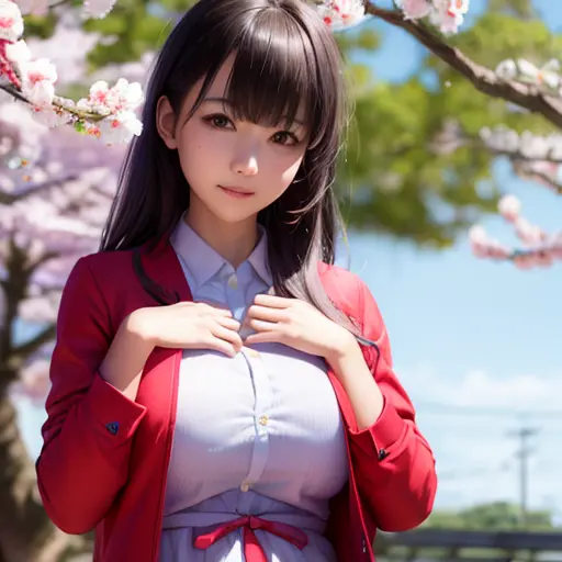 ultra realistic 8k cg, picture-perfect face, flawless, clean, masterpiece, professional artwork, 1girl, red jacket, dress, katou megumi, sakura blossom, <lora:qqq-katou_megumi-v1:0.7>