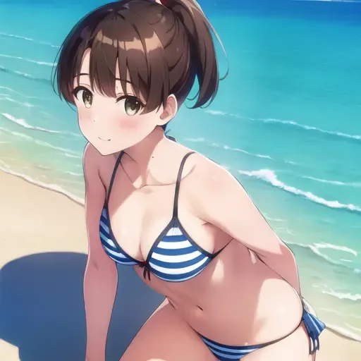 masterpiece, best quality, 1girl, short hair, brown hair, ponytail, striped bikini, katou megumi, beach, <lora:qqq-katou_megumi-v1:0.8>
