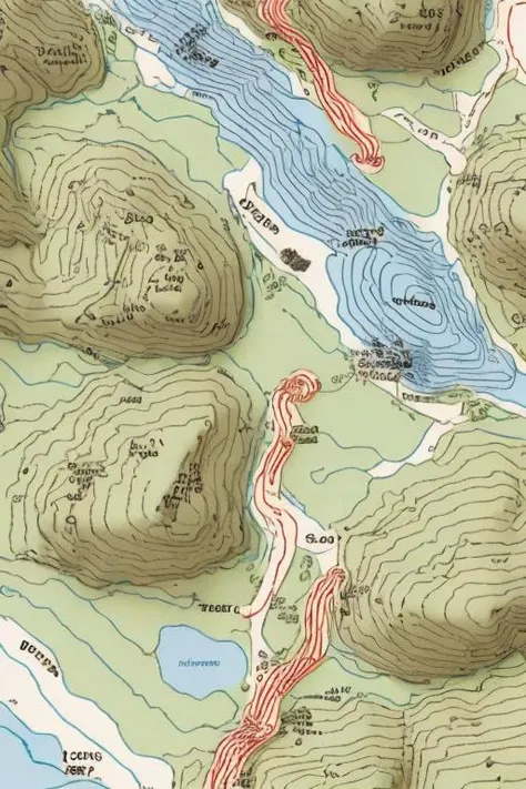 mapdraw tactical map, hills, roads, blue river, dotted lines, red lines, depth <lora:TacticalMaps:1> <lora:MapDraw:0.8>
