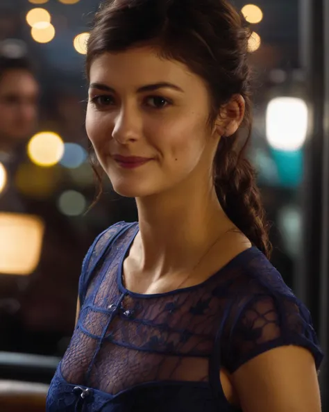 (colorful),cinematic lighting,extremely detailed CG unity 8k wallpaper,masterpiece, 1girl,smile,fishnet pantyhose,looking at viewer,(intricate details), best quality, finely detailed beautiful eyes,backlight, intense gaze, cinematic lighting,,audreytautou, <lora:AudreyTautouXL:1>, ((sharp face, detailed face, realistic face, naturtal skin, realistic skin, detailed skin, pores, sharp eyes, detailed eyes,realistic eyes)),