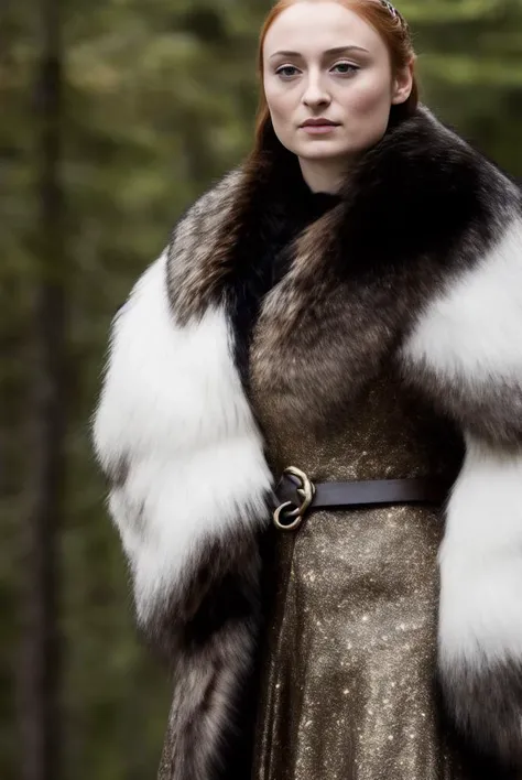 a realistic photo of a sstark woman with a fur collar and a black dress with a silver and gold design,forest background, bokeh, Araceli Gilbert, a character portrait,