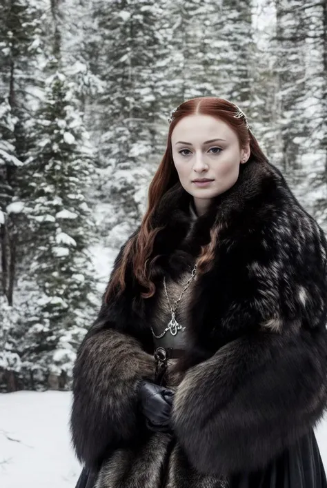 a realistic photo of a sstark woman with a fur collar and a black dress with a silver and gold design,forest background, bokeh, Araceli Gilbert, a character portrait,