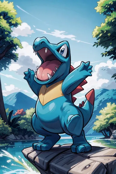 solo, <lora:Totodile_Pokemon_Anime:0.9>, Totodile_Pokemon, outdoors, grass, trees, <lora:add_detail:0.7>, dynamic pose,