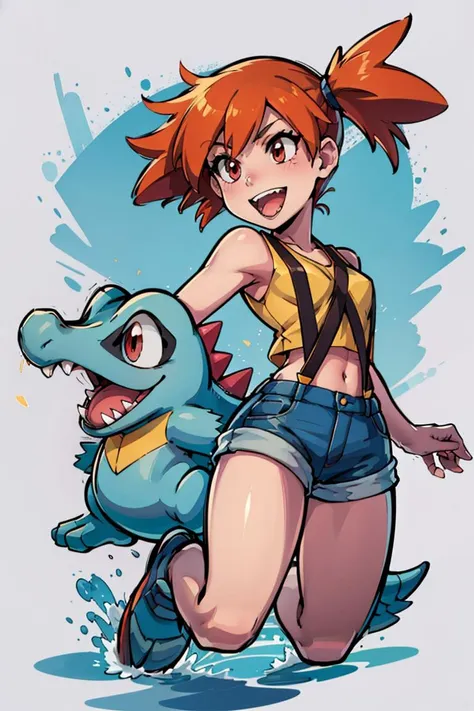 ((masterpiece,best quality)), absurdres, <lora:Totodile_Pokemon_v2:0.8>,  totodile,  smile, open mouth, simple background, red eyes, white background, full body, teeth, tongue, water, pokemon (creature), fangs, watermark, sharp teeth,
Misty_Pokemon and her pokemon, pokemon (creature), 
<lora:Misty_Pokemon_v2_Anime:0.5>, , yellow crop top, suspenders, side ponytail, orange hair, denim shorts, solo, smiling,