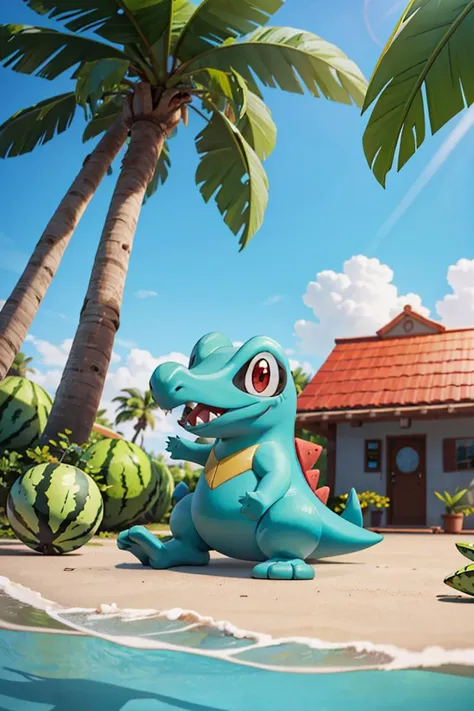 ((masterpiece,best quality)), absurdres, <lora:Totodile_Pokemon_v2:0.8>, totodile, animal focus,
red eyes, outdoors, sunny, pokemon (creature), sharp teeth,
<lora:Delfino_Plaza:0.3>, Delfino_Plaza, small house, (watermelon), palm tree, ocean in background,