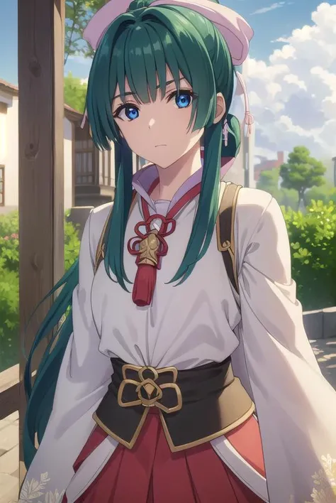 yomogiemarl, <lora:yomogi emarl s2-lora-nochekaiser:1>,
yomogi emarl, long hair, bangs, blue eyes, hair ornament, bow, hair bow, ponytail, green hair, hair intakes,
BREAK skirt, japanese clothes, hakama, hakama skirt,
BREAK outdoors, forest, nature, sky, sun, clouds,
BREAK looking at viewer, (cowboy shot:1.5),
BREAK <lyco:GoodHands-beta2:1>, (masterpiece:1.2), best quality, high resolution, unity 8k wallpaper, (illustration:0.8), (beautiful detailed eyes:1.6), extremely detailed face, perfect lighting, extremely detailed CG, (perfect hands, perfect anatomy),