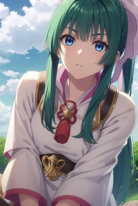 yomogiemarl, <lora:yomogi emarl s2-lora-nochekaiser:1>,
yomogi emarl, long hair, bangs, blue eyes, hair ornament, bow, hair bow, ponytail, green hair, hair intakes,
BREAK skirt, japanese clothes, hakama, hakama skirt,
BREAK outdoors, forest, nature, sky, sun, clouds,
BREAK looking at viewer, (cowboy shot:1.5),
BREAK <lyco:GoodHands-beta2:1>, (masterpiece:1.2), best quality, high resolution, unity 8k wallpaper, (illustration:0.8), (beautiful detailed eyes:1.6), extremely detailed face, perfect lighting, extremely detailed CG, (perfect hands, perfect anatomy),