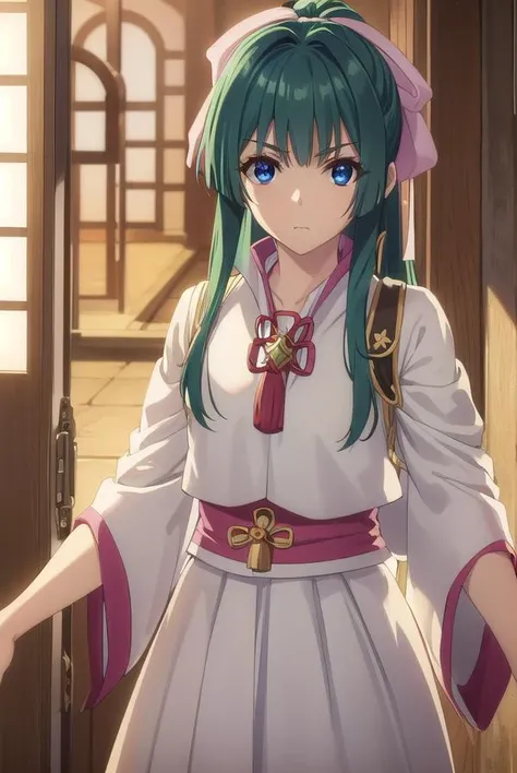 yomogiemarl, <lora:yomogi emarl s2-lora-nochekaiser:1>,
yomogi emarl, long hair, bangs, blue eyes, hair ornament, bow, hair bow, ponytail, green hair, hair intakes,
BREAK skirt, japanese clothes, hakama, hakama skirt,
BREAK outdoors, forest, nature, sky, sun, clouds,
BREAK looking at viewer, (cowboy shot:1.5),
BREAK <lyco:GoodHands-beta2:1>, (masterpiece:1.2), best quality, high resolution, unity 8k wallpaper, (illustration:0.8), (beautiful detailed eyes:1.6), extremely detailed face, perfect lighting, extremely detailed CG, (perfect hands, perfect anatomy),