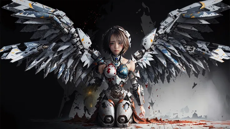 (looking at viewer:1.4), bleeding face, grace.gs <lora:grace.gs:0.8>, kneeling, (bare shoulder:1.4), <lora:C-mecha_musume:0.6>, (broken rusty robot wings), (broken rusty mecha_musume) (broken machanical_parts), (rusty robot_joints), (torn apart silk intricate pattern yifu) <lora:yifuEnd:0.4>, (black hair), (short hairstyle), (dark studio background:1.2), watersplash background