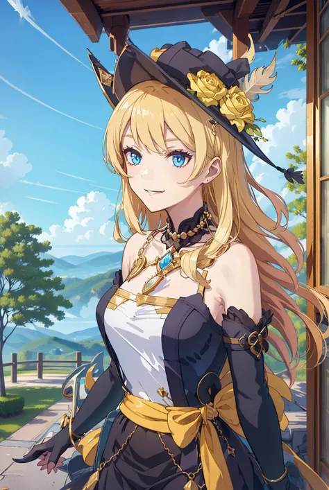 naviaGenshin,1girl,blonde hair,((ringlets)),((swept bangs)),upper_body,very_long_hair,blue_eyes, solo, jewelry,((tricone_hat)),((closed mouth)),looking at viewer, hat,black headwear, rose,ribbon,bow,navia,bare shoulders, detached sleeves, forest,outdoors, detached sleeves,necklace,yellow_rose, hat_feather,<lora:navia_v1-6:.8:OUTD>,skirt, black dress, elbow gloves,pearl necklace, breasts, sitting,cafe, smile, <lora:GoodHands-vanilla:1>,outdoors