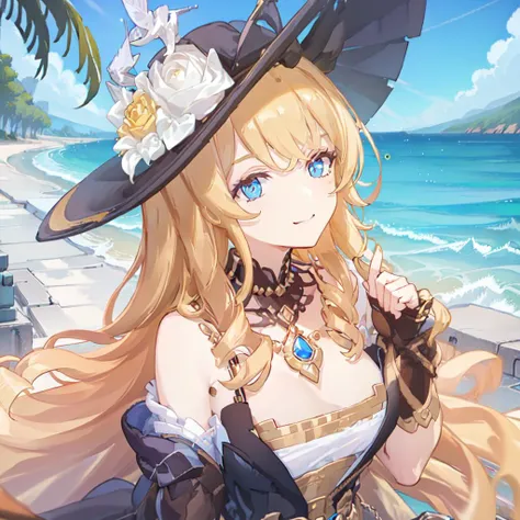 naviaGenshin,1girl,blonde hair,((ringlets)),((swept bangs:1.4)),((upper_body)),very_long_hair,blue_eyes, solo, dress, jewelry, flower, smile,closed_mouth, hat,black headwear, rose,ribbon,bow,navia,bare shoulders, detached sleeves, forest,outdoors, detached sleeves,necklace,yellow_rose,hat_flower hat_feather,waving,tricone_hat, <lora:navia_v1-6:.8:OUTD>,skirt,high_heels,thigh_boots,cleavage, black dress, elbow gloves, pendant,gem,pearl necklace, strapless,