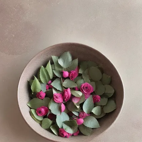 bowl of rose leaves covered in dust <lora:simple_background_v2:1>