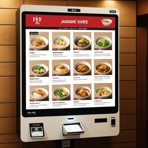 A photorealistic depiction of a state-of-the-art, user-friendly self-service kiosk in a Japanese cuisine restaurant. The kiosk's large, vibrant touchscreen should display a variety of Japanese cuisine options,<lora:touchstrore2:0.65>,solo