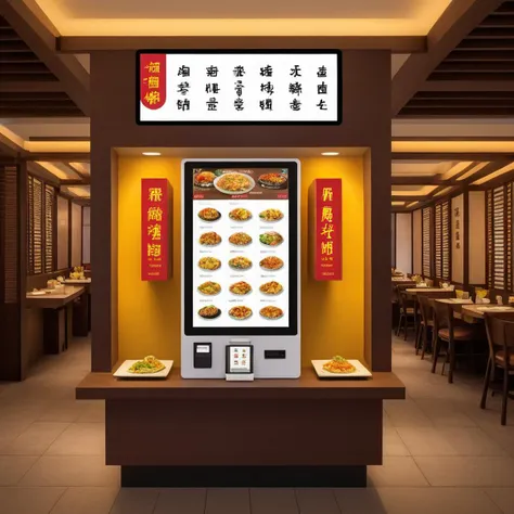 A photorealistic depiction of a state-of-the-art, user-friendly self-service kiosk in a Chinese restaurant. The kiosk's large, vibrant touchscreen should display a variety of Chinese cuisine options, such as dim sum, Peking duck, and Kung Pao chicken. The interface should be intuitive, featuring large icons and easy-to-read English text describing each dish. The kiosk should be set against the backdrop of a clean and modern Chinese restaurant, with the restaurant's branding subtly visible. The lighting should be inviting, illuminating the kiosk without being too harsh. The overall atmosphere should exude a sense of cleanliness, sophistication, and efficiency. The design of the kiosk itself should be sleek and modern, possibly incorporating traditional Chinese elements, and the restaurant's logo should be prominently displayed,<lora:touchstrore2:0.65>