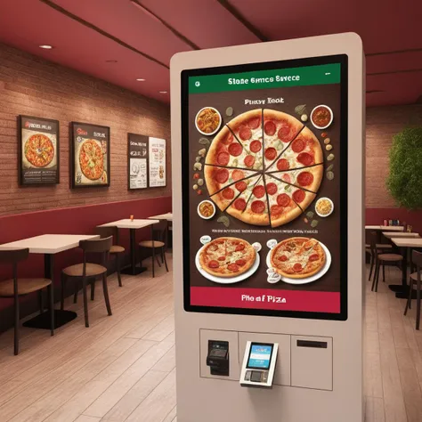 A photorealistic depiction of a state-of-the-art, user-friendly self-service kiosk in a pizza restaurant. The kiosk's large, vibrant touchscreen should display a variety of pizza options,<lora:touchstrore2:0.65>,