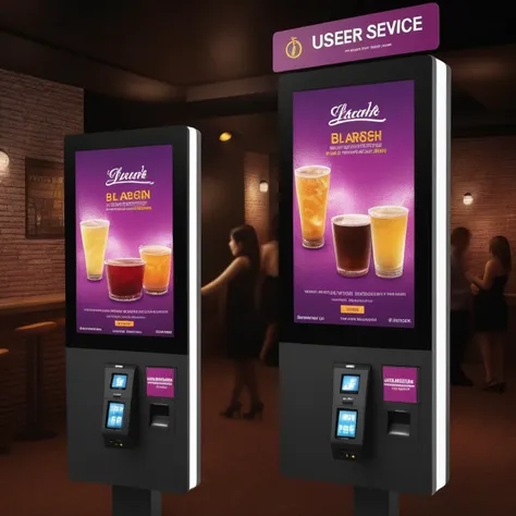 A photorealistic depiction of a state-of-the-art, user-friendly self-service kiosk in a nightclub. The kiosk's large, vibrant touchscreen should display a variety of alcoholic drinks options,<lora:touchstrore2:0.55>