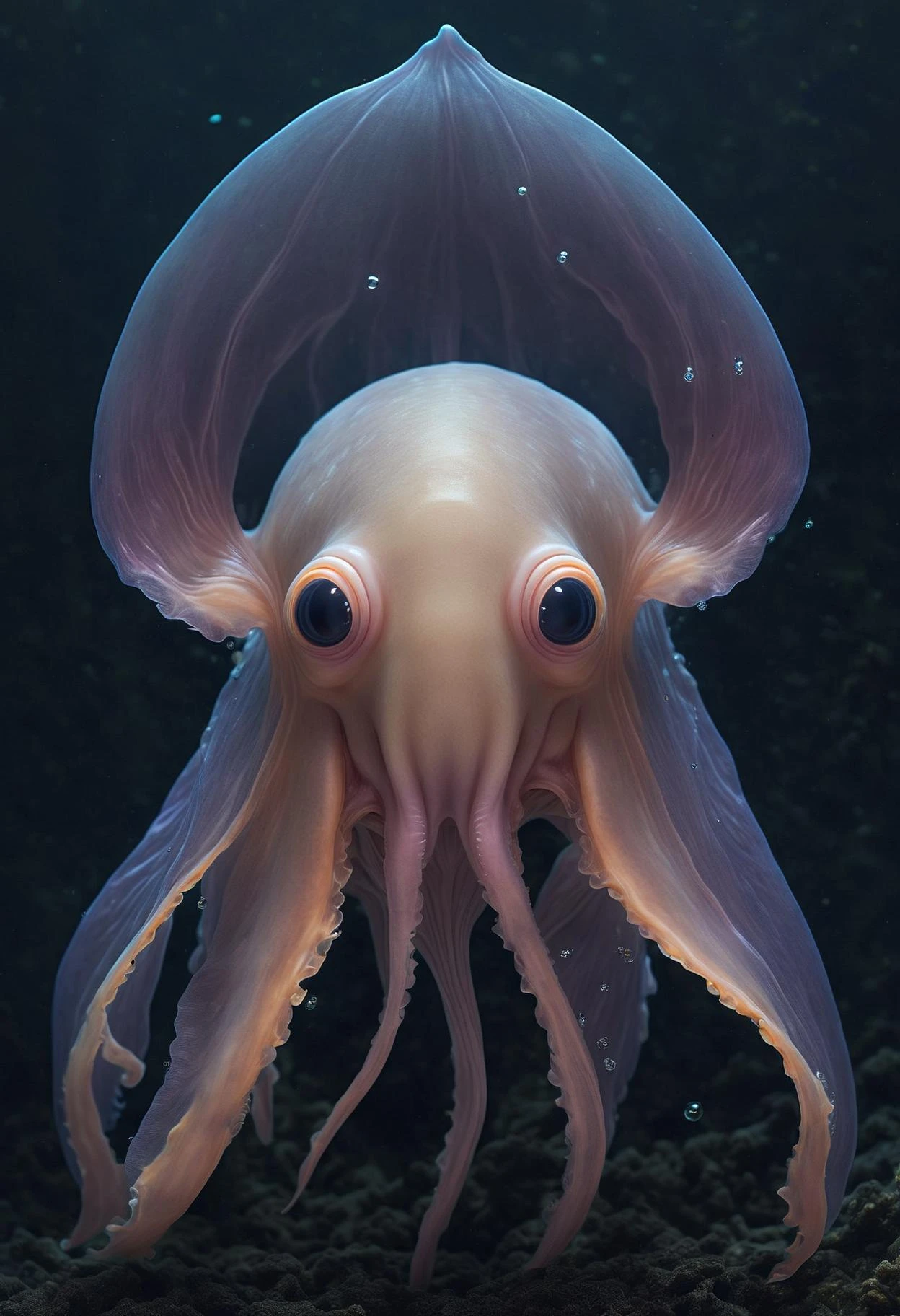 Dumbo octopus, cute, creepy, underwater, translucent skin, expressive eyes, ear-like fins, deep sea, surreal, whimsical, dark depths, underwater flora and fauna, otherworldly atmosphereâ,(computer glitch:1.1), (engulfed in neon hues:1.25), hyperrealistic, ,