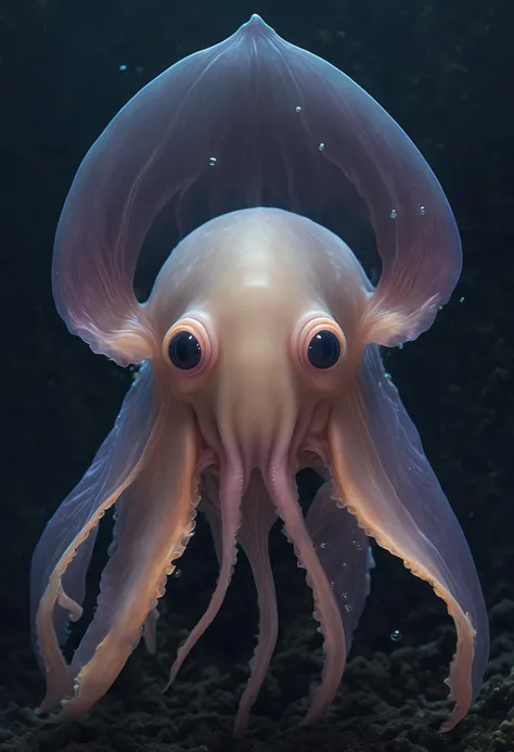 Dumbo octopus, cute, creepy, underwater, translucent skin, expressive eyes, ear-like fins, deep sea, surreal, whimsical, dark depths, underwater flora and fauna, otherworldly atmosphereâ,(computer glitch:1.1), (engulfed in neon hues:1.25), hyperrealistic, ,