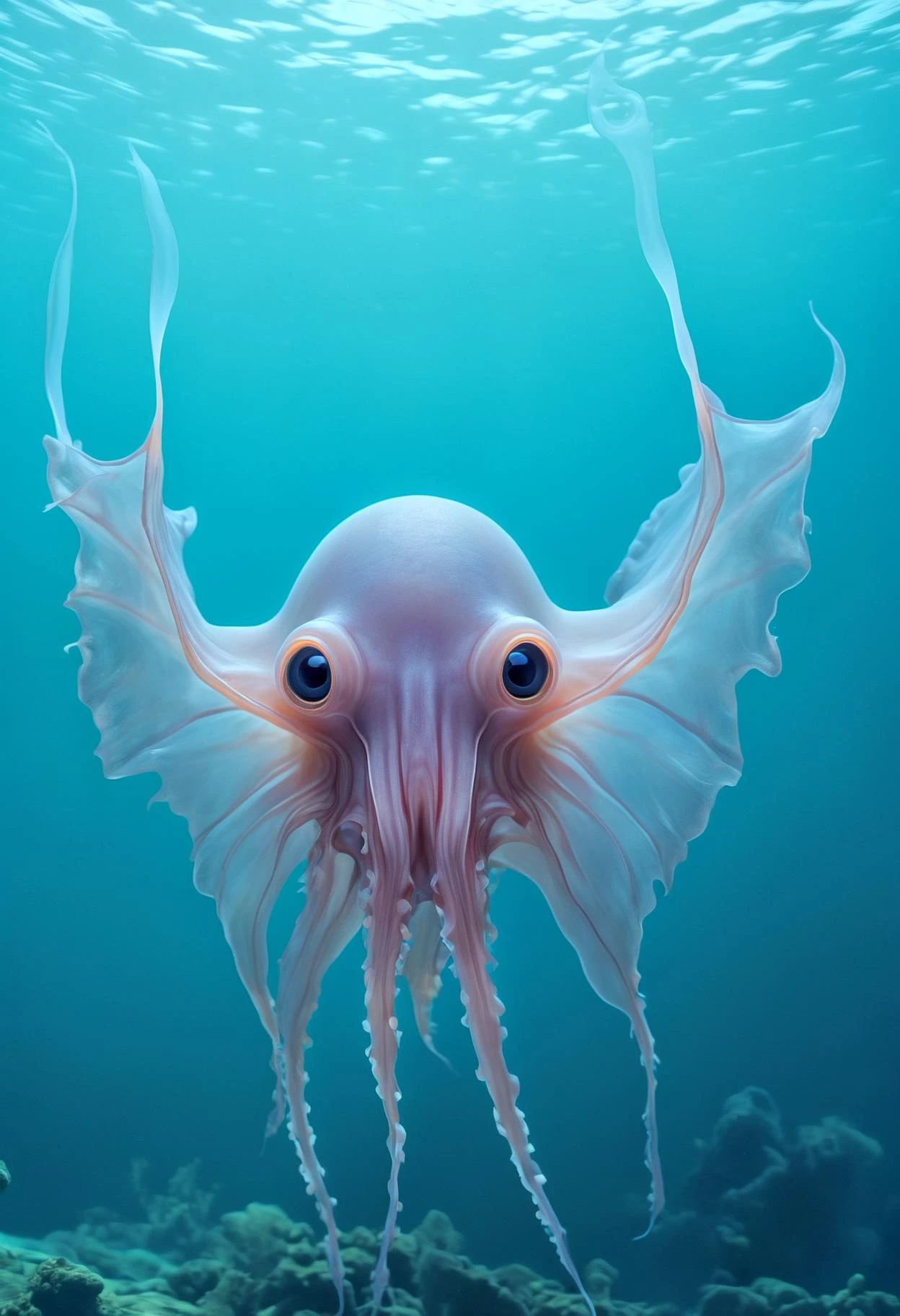 Dumbo octopus, cute, creepy, underwater, translucent skin, expressive eyes, ear-like fins, deep sea, surreal, whimsical, dark depths, underwater flora and fauna, otherworldly atmosphereâ,(computer glitch:1.1), (engulfed in neon hues:1.25), hyperrealistic, ,