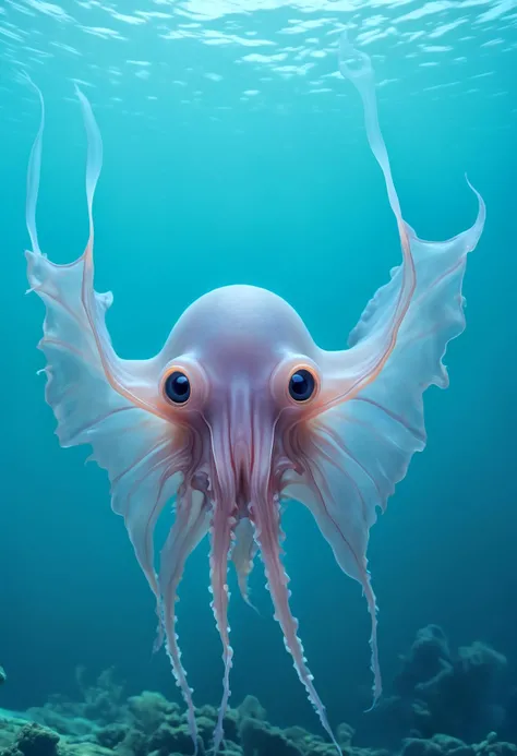 Dumbo octopus, cute, creepy, underwater, translucent skin, expressive eyes, ear-like fins, deep sea, surreal, whimsical, dark depths, underwater flora and fauna, otherworldly atmosphereâ,(computer glitch:1.1), (engulfed in neon hues:1.25), hyperrealistic, ,