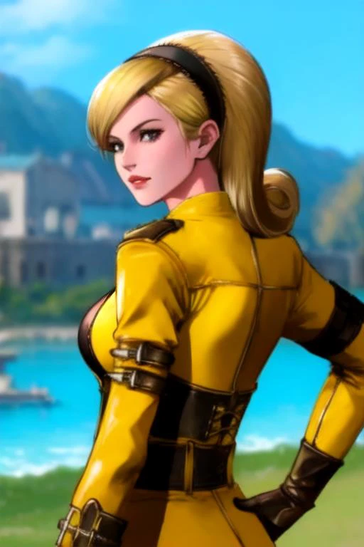 <lora:lien_neville:1>, lien neville, masterpiece, best quality, 1girl, solo, blonde hair, bodysuit, breasts, hairband, large breasts, long hair, ponytail, looking back, gloves