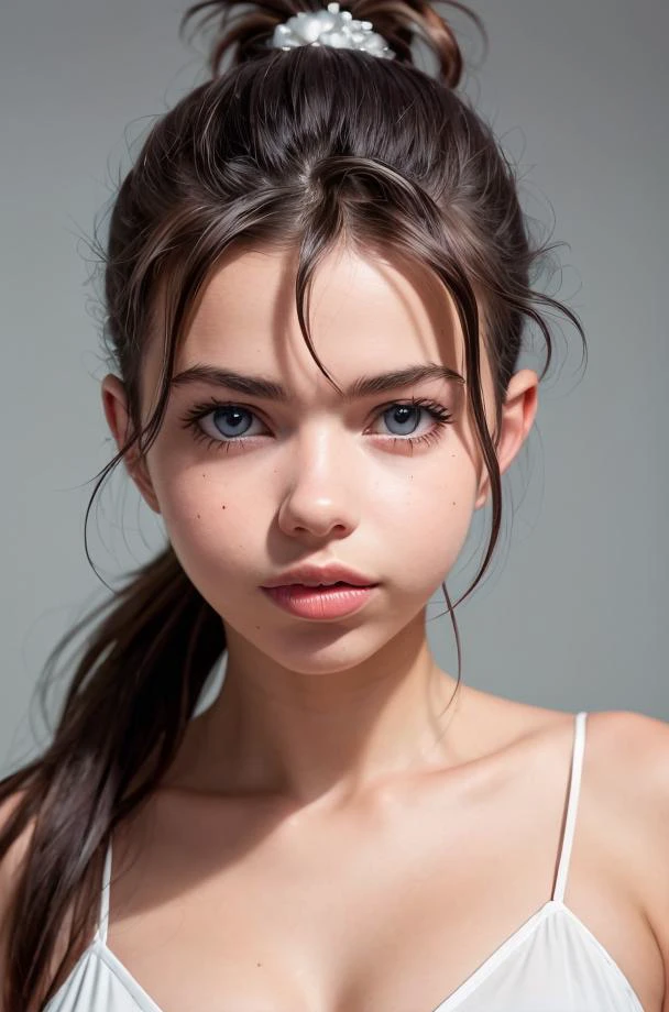 (Emily01), RAW photo, a close up portrait, 21yo, brown_hair, eyelashes, forehead, hair_bun, hair_pulled_back, lips, looking_at_viewer, ponytail, blue_eyes, lips, wearing a dress, photo_\(medium\), photorealistic, realistic, smile, solo, (high detailed skin:1.2), 8k uhd, dslr, cinematic lighting, high quality, film grain, Fujifilm XT3, <lora:add_detail:0.25>