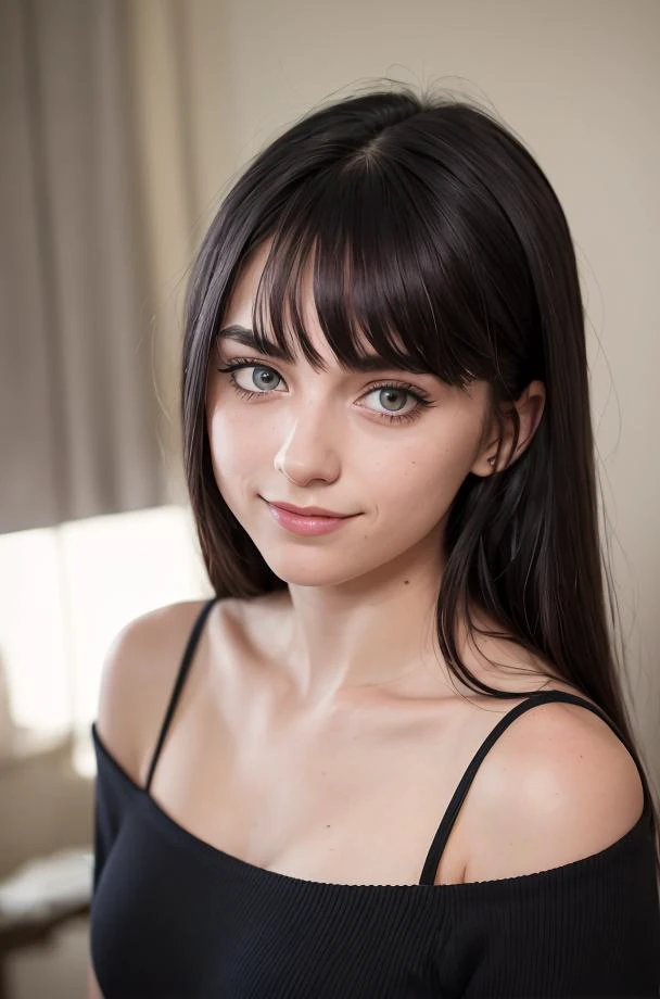 detailed and realistic portrait of (sooogs), sexy, 21 yo, green eyes, bangs, black_hair, blunt_bangs, closed_mouth, lips, smile, long_hair, looking_at_viewer, medium breasts, shot outside, soft natural lighting, portrait photography, magical photography, dramatic lighting, photo realism, ultra-detailed, intimate portrait composition, Leica 50mm, f1. 4