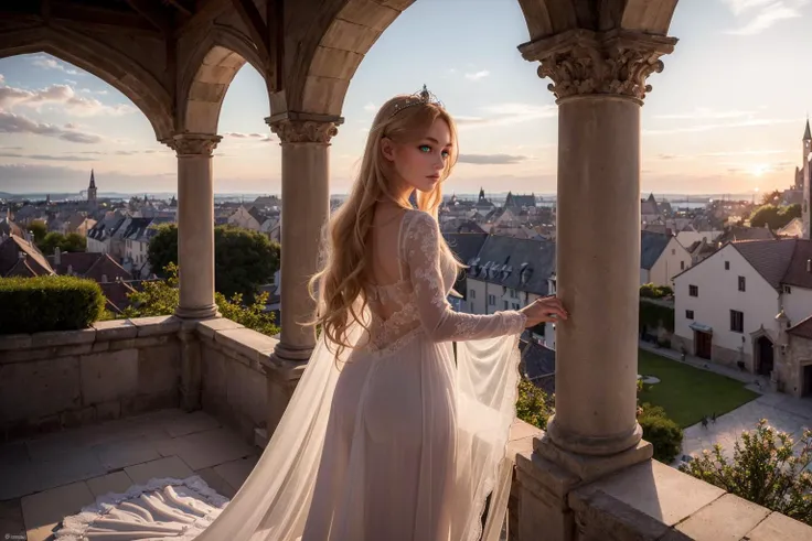 (8k, best quality, masterpiece:1.2), (realistic, RAW photo:1.37), ultra-detailed, (medieval:1.1), (European princess:1.2), long blonde hair, wearing a sheer nightgown, standing on a well lit castle balcony, sunset, looking out over the village, from behind, pureerosface_v1