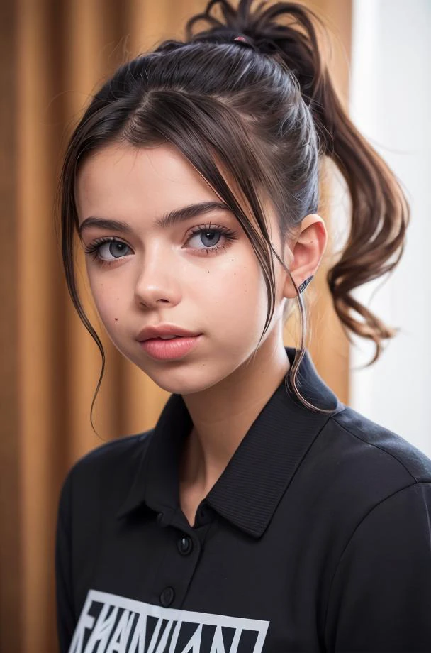 (Emily01), RAW photo, a close up portrait, 21yo, brown_hair, eyelashes, forehead, hair_bun, hair_pulled_back, lips, looking_at_viewer, ponytail, blue_eyes, lips, wearing a dress, photo_\(medium\), photorealistic, realistic, smile, solo, (high detailed skin:1.2), 8k uhd, dslr, cinematic lighting, high quality, film grain, Fujifilm XT3, <lora:add_detail:0.25>