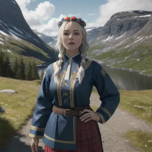 masterpiece, photorealistic, unreal engine, leather Cornflower Blue "Bunad" womens attire Norway (Traditional Norwegian costume.)