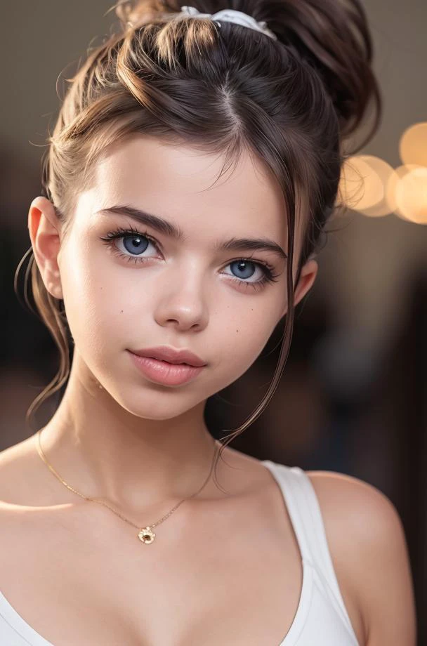 (Emily01), RAW photo, a close up portrait, 21yo, brown_hair, eyelashes, forehead, hair_bun, hair_pulled_back, lips, looking_at_viewer, ponytail, blue_eyes, lips, wearing a dress, photo_\(medium\), photorealistic, realistic, smile, solo, (high detailed skin:1.2), 8k uhd, dslr, cinematic lighting, high quality, film grain, Fujifilm XT3, <lora:add_detail:0.25>