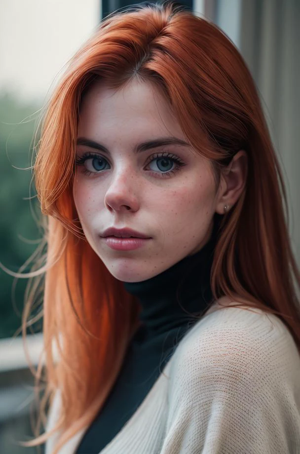 detailed and realistic close portrait of lucillaj-150, 25 yo, blue eyes, red_hair, long_hair, closed_mouth, lips, smile, long_hair, looking_at_viewer, wearing a black sweater, turtleneck, shot outside, soft natural lighting, portrait photography, magical photography, dramatic lighting, photo realism, ultra-detailed, intimate portrait composition, Leica 50mm, f1. 4 <lora:add_detail:0.25>