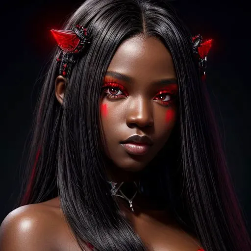 Beautiful ebony, red eyes, deep gaze, hi-rez, super high detail, HD, 4k, 8k