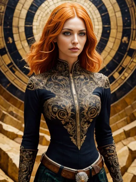 1girl, beautiful, orange hair, fantastical hair, standing in the highlands, eyeliner, focus on eyes, intricate detailed background, cowboy shot, sfw <lora:baltik-cubism-style-darquelilly-v1:1> baltikcubismstyle