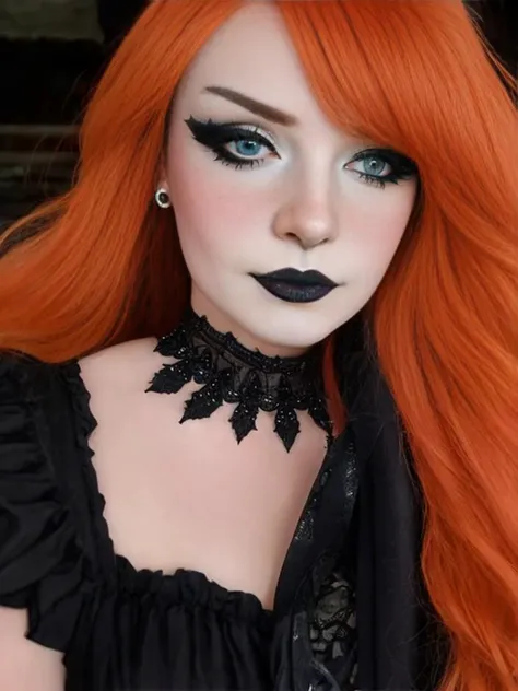 1girl, beautiful, orange hair, fantastical hair, standing in the highlands, eyeliner, focus on eyes, intricate detailed background, cowboy shot, sfw <lora:3g1rlmak3up:0.8> 3g1rlmak3up, eyeliner, nose freckles, black lipstick