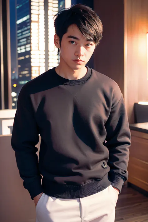 a man wearing Crew neck sweatshirt and track pants , skyscraper <lora:fic-Fufu2:1>